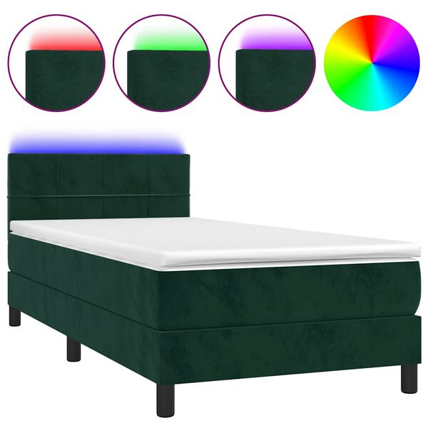 vidaXL Cama box spring c/ colch&atilde;o/LED 100x200 cm veludo verde-escuro