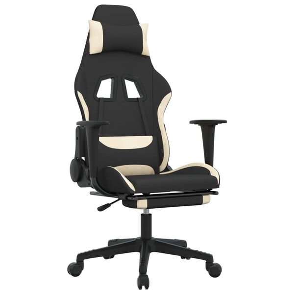 vidaxL Cadeira de gaming c/ apoio para os pés tecido preto e creme