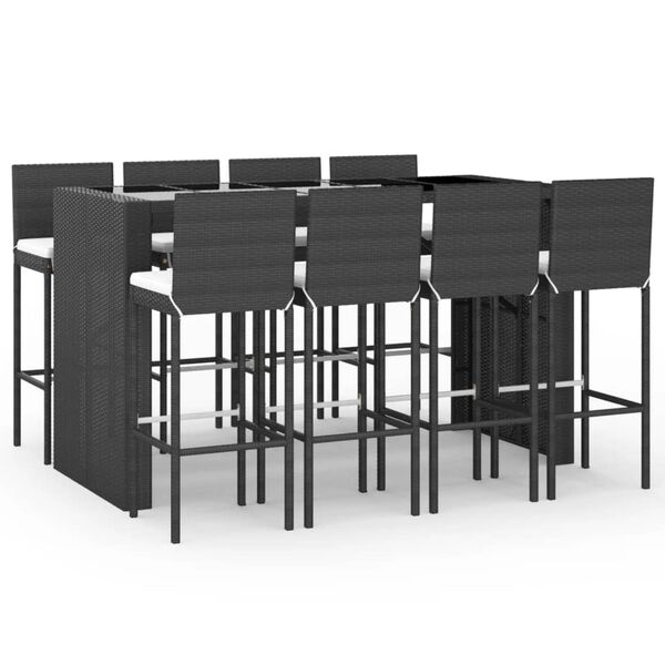 vidaXL 9 pcs conjunto de bar para jardim c/ almofad&otilde;es vime PE preto