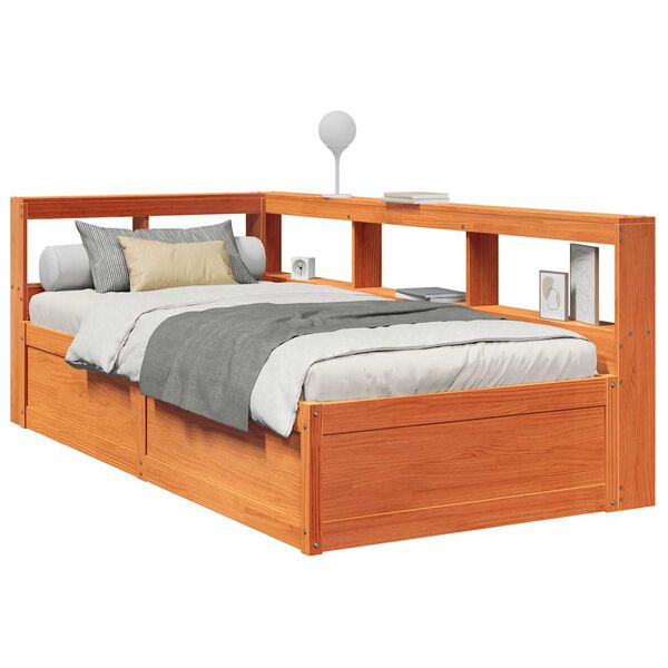vidaXL Cama com estante sem colch&atilde;o 90x190cm pinho maci&ccedil;o castanho-mel