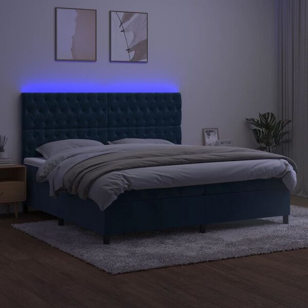 vidaXL Cama box spring c/ colch&atilde;o/LED 200x200 cm veludo azul-escuro