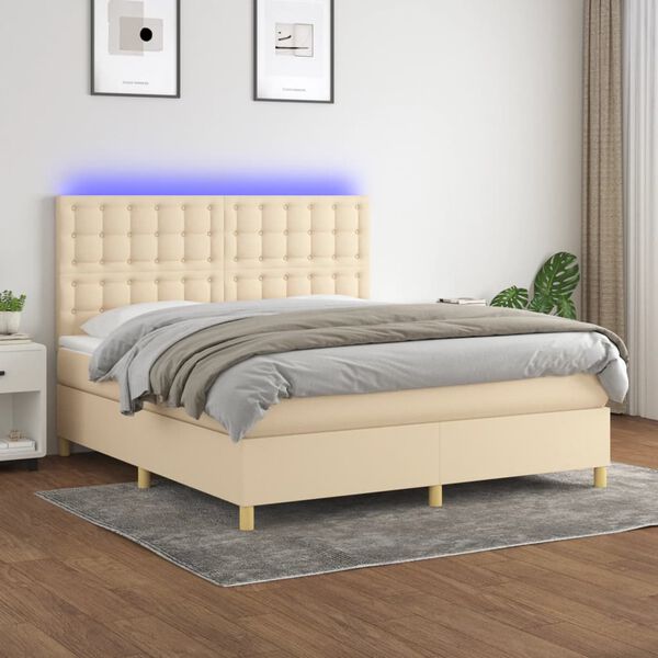 vidaXL Cama box spring c/ colch&atilde;o e LED 180x200 cm tecido cor creme