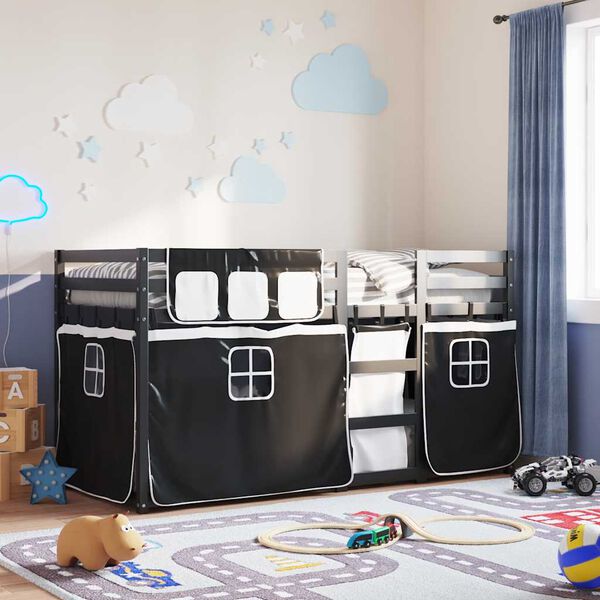 vidaXL Beliche com cortinas 90x190 cm pinho maci&ccedil;o branco e preto