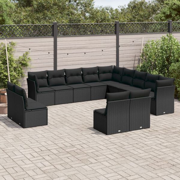 vidaXL 13 pcs conjunto de sof&aacute;s de jardim com almofad&otilde;es vime PE preto