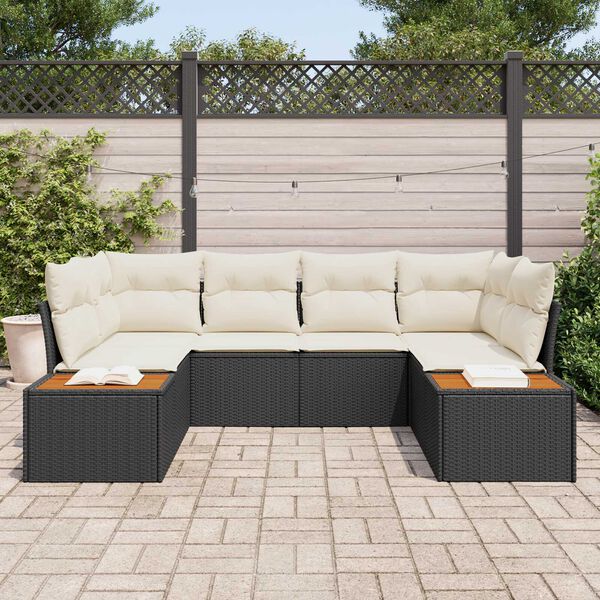 vidaXL Conjunto de Sof&aacute; de Jardim 6 pcs Preto e Creme Polirattan