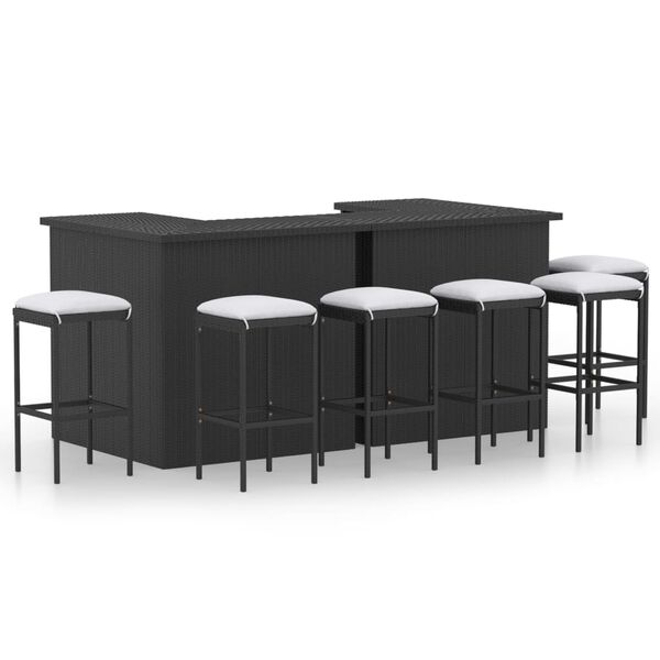 vidaXL 8 pcs conjunto de bar p/ jardim com almofad&otilde;es vime PE preto