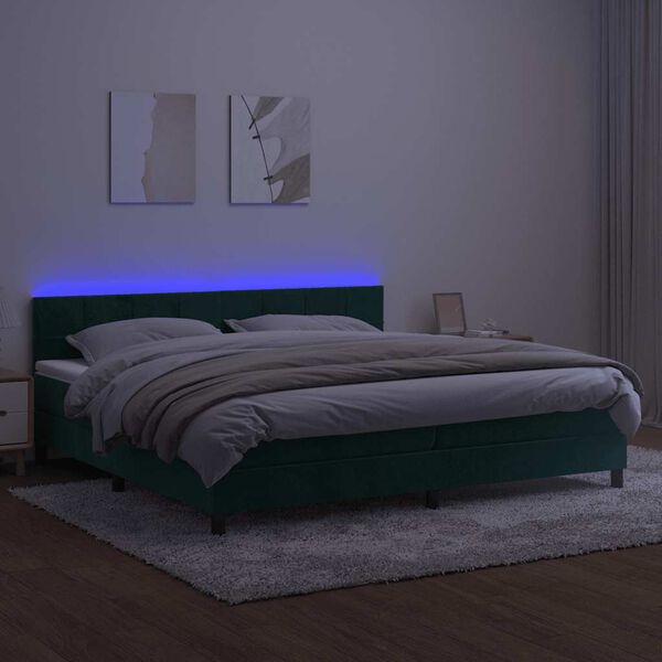 vidaXL Cama box spring c/ colch&atilde;o/LED 200x200 cm veludo verde-escuro
