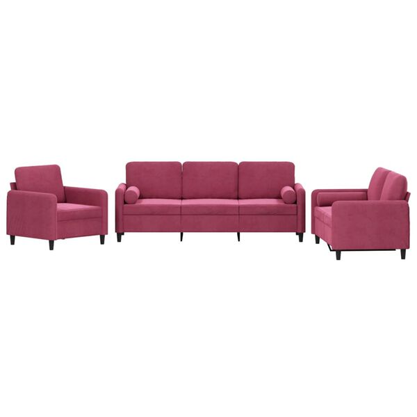 vidaXL 3 pcs conjunto de sof&aacute;s com almofadas veludo vermelho-tinto