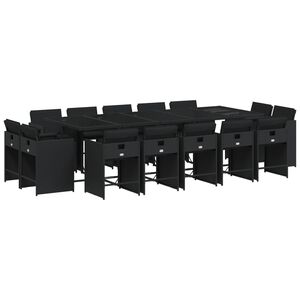 vidaXL 15 pcs conjunto de jantar p/jardim com almofad&otilde;es vime PE preto