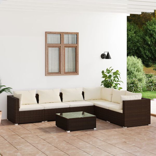 vidaXL 7 pcs conjunto lounge jardim c/ almofad&otilde;es vime PE castanho