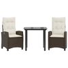 vidaXL 3 pcs conjunto jantar p/ jardim c/ almofad&otilde;es vime PE castanho