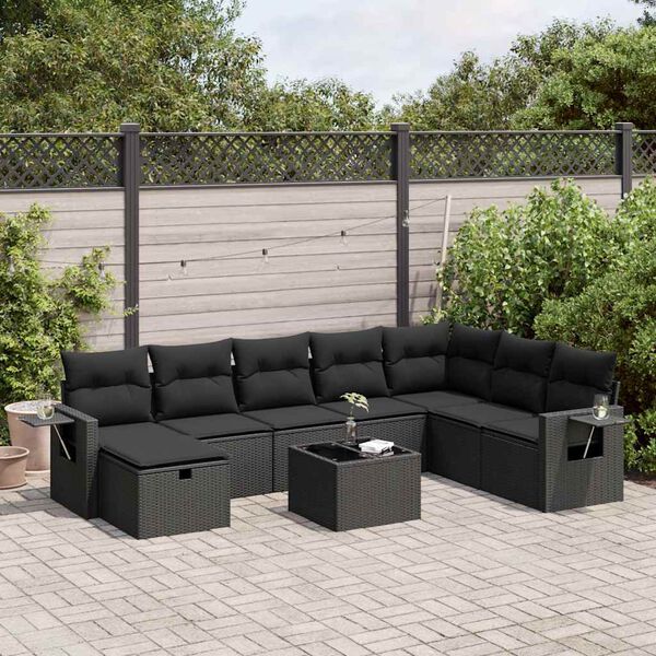 vidaXL 9 pcs conjunto de sof&aacute;s p/ jardim c/ almofad&otilde;es vime PE preto