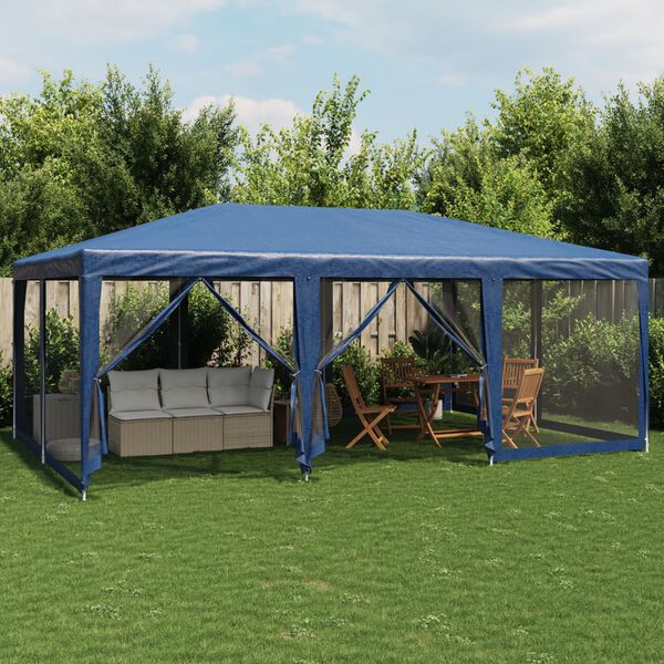 vidaXL Tenda p/ festas c/ 10 paredes laterais malha 6x4 m PEAD azul