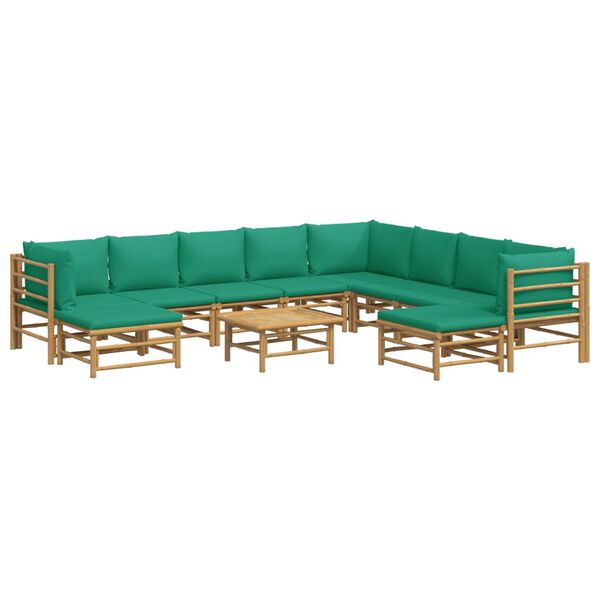vidaXL 11 pcs conjunto lounge de jardim bambu c/ almofadões verdes