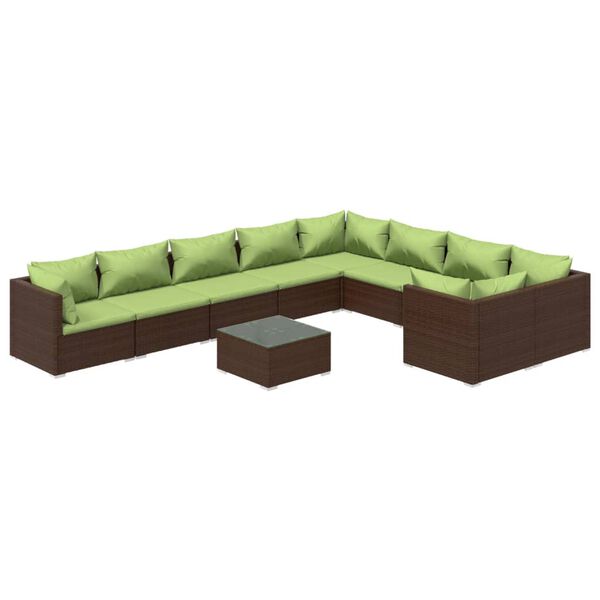 vidaXL 10 pcs conjunto lounge de jardim c/ almofadões vime PE castanho