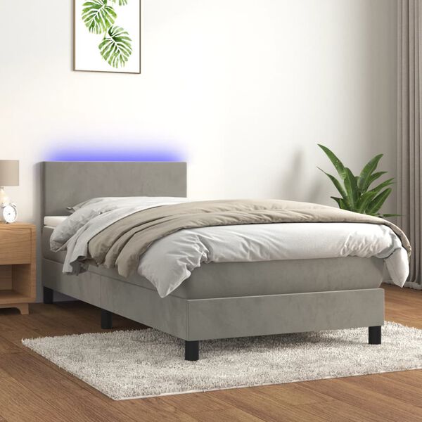 vidaXL Cama box spring c/ colch&atilde;o/LED 90x190 cm veludo cinzento-claro