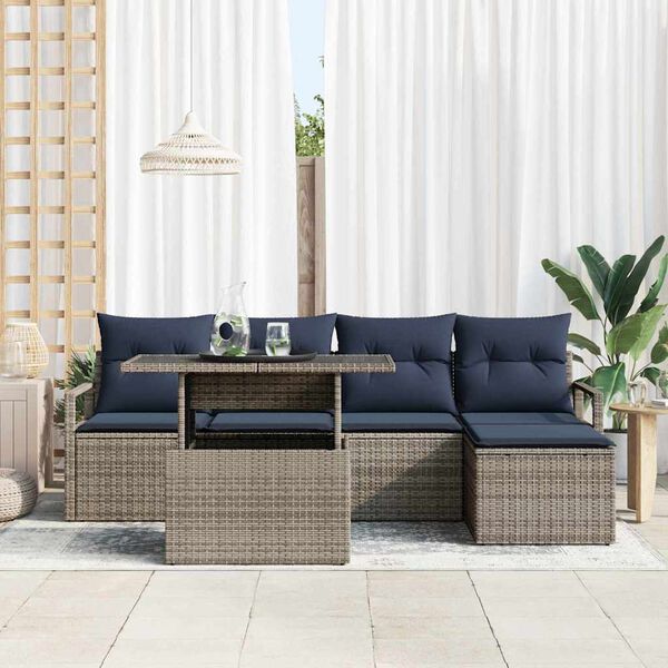 vidaXL Conjunto de Sof&aacute; de Jardim 6 pcs cinzento e azul marinho