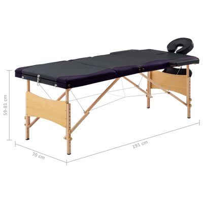 vidaXL Mesa de massagens dobrável 3 zonas madeira preto e roxo