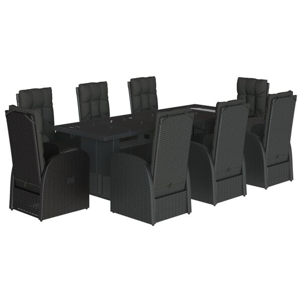 vidaXL 9 pcs conjunto de jantar p/ jardim c/ almofad&otilde;es vime PE preto