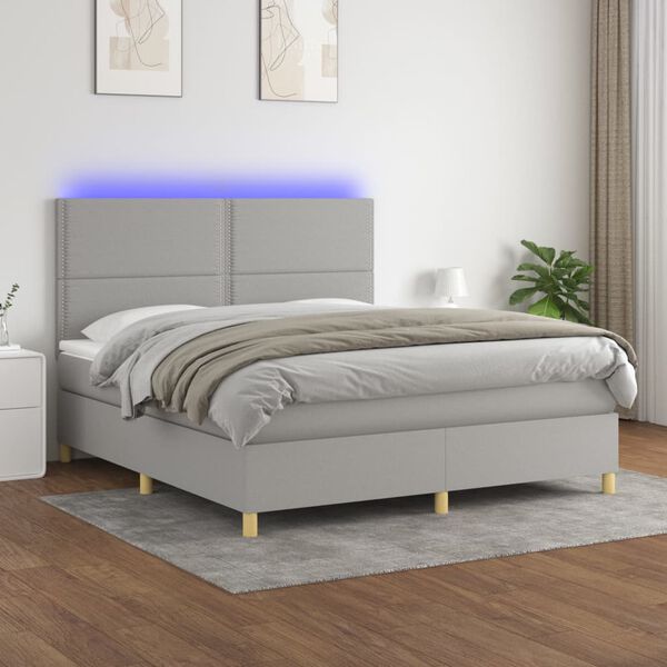 vidaXL Cama box spring c/ colch&atilde;o e LED 180x200 cm tecido cinza-claro