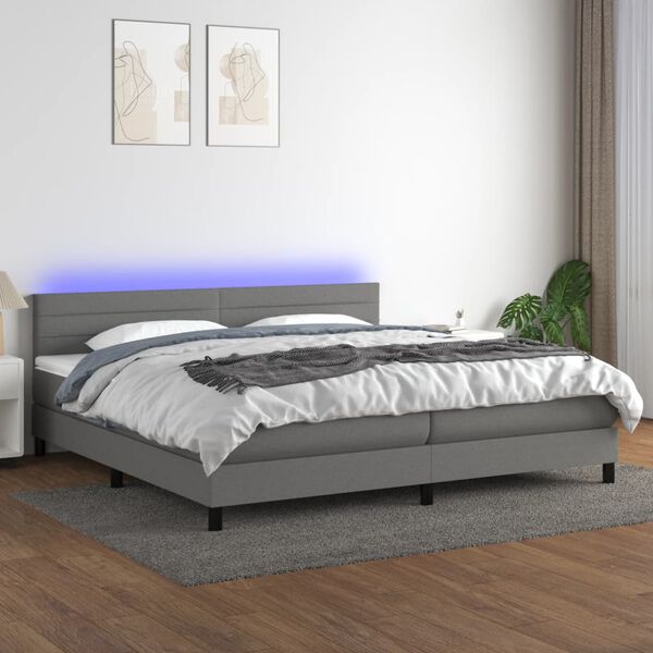 vidaXL Cama box spring c/ colch&atilde;o e LED 200x200 cm tecido cinza-escuro