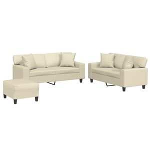 vidaXL 3 pcs conjunto de sof&aacute;s com almofadas couro artificial creme