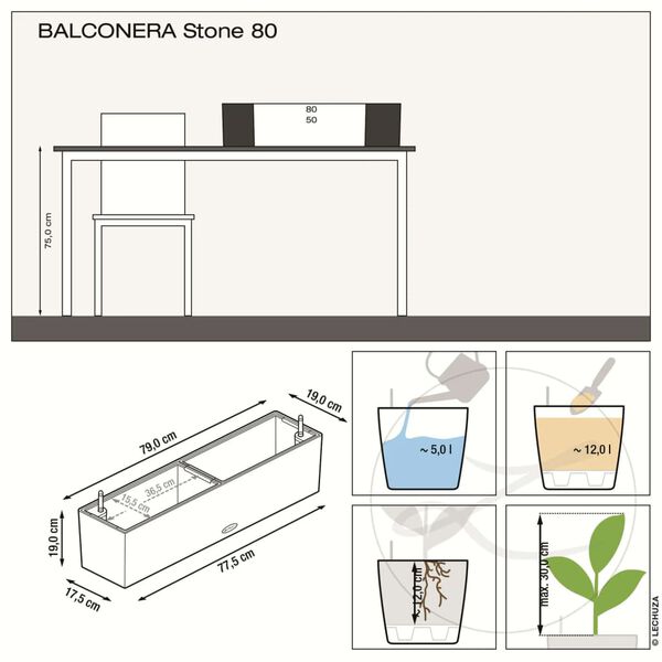 LECHUZA Floreira BALCONERA Stone 80 ALL-IN-ONE cinzento
