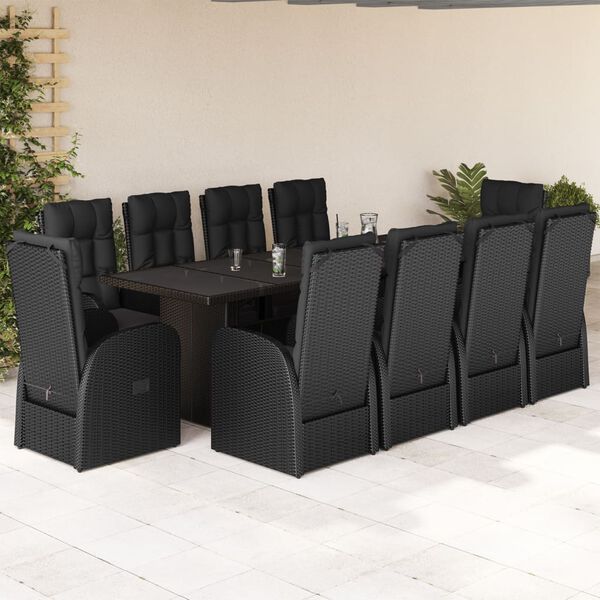 vidaXL 11 pcs conjunto de jantar p/ jardim c/ almofad&otilde;es vime PE preto