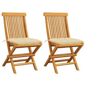 vidaXL Conjunto de 2 cadeiras dobr&aacute;veis em madeira maci&ccedil;a de teca com almofadas branco-creme.