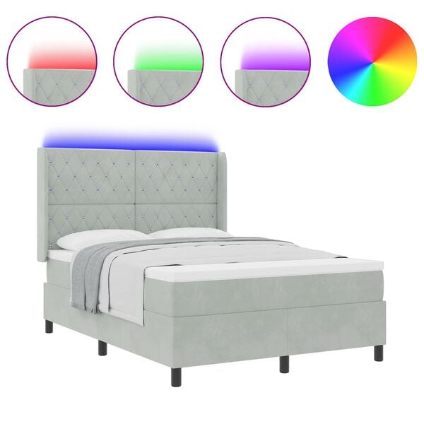 vidaXL Cama Box Spring com LED e Colch&atilde;o Cinzento-claro 140 x 200 cm
