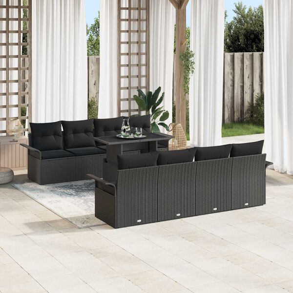 vidaXL Conjunto de Sof&aacute; de Jardim 9 pcs Preto Rattan de Polipropileno
