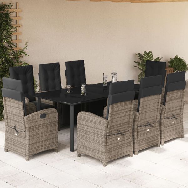 vidaXL 9 pcs conjunto de jantar p/ jardim c/ almofad&otilde;es vime PE cinza