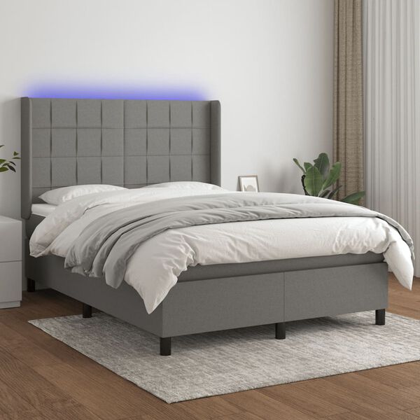 vidaXL Cama box spring c/ colch&atilde;o e LED 140x190 cm tecido cinza-escuro