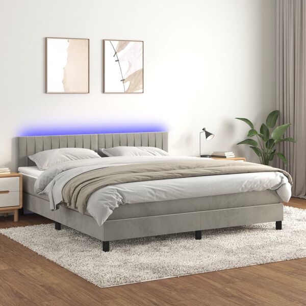 vidaXL Cama box spring c/ colch&atilde;o/LED 180x200 cm veludo cinzento-claro