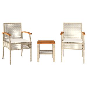 vidaXL Conjunto de bistr&ocirc; com almofad&otilde;es 3 pcs vime PE e ac&aacute;cia bege