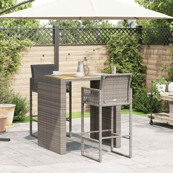vidaXL 3 pcs conj. de bar jardim c/ almofadões vime PE/acácia cinzento
