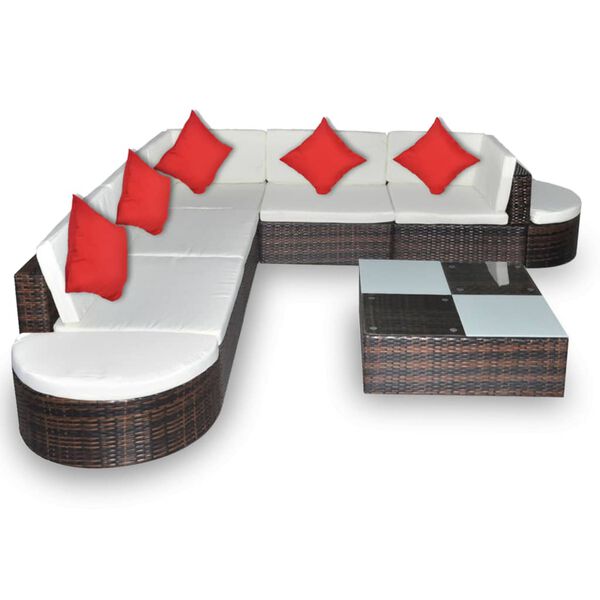 vidaXL 8 pcs conjunto lounge jardim c/ almofad&otilde;es vime PE castanho