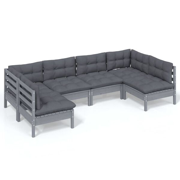 vidaXL 6 pcs conjunto lounge de jardim + almofad&otilde;es pinho maci&ccedil;o cinza