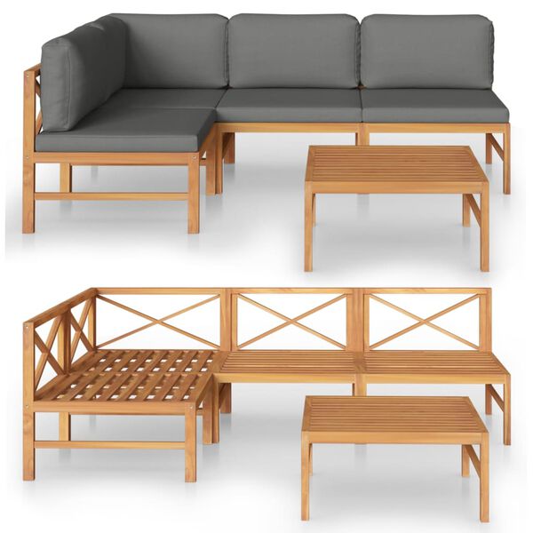 vidaXL 5 pcs conj. lounge jardim c/ almofad&otilde;es cinzentos teca maci&ccedil;a
