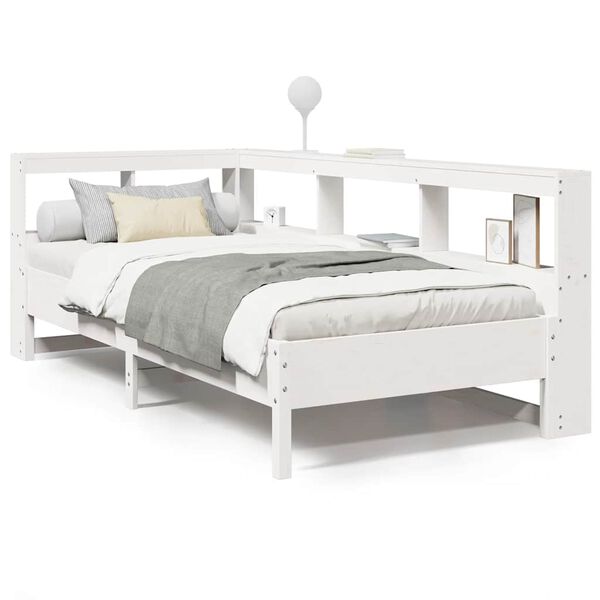 vidaXL Cama com estante sem colch&atilde;o 90x190 cm pinho maci&ccedil;o branco