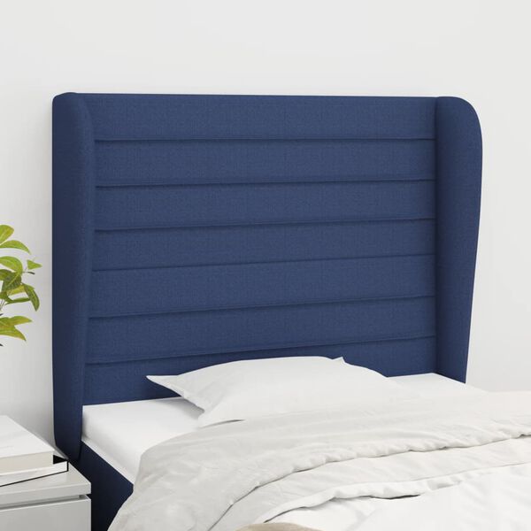 vidaXL Cabeceira de cama c/ abas tecido 93x23x118/128 cm azul