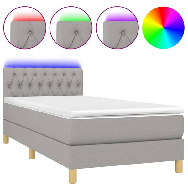 vidaXL Cama box spring c/ colch&atilde;o e LED 90x190 cm tecido cinza-claro