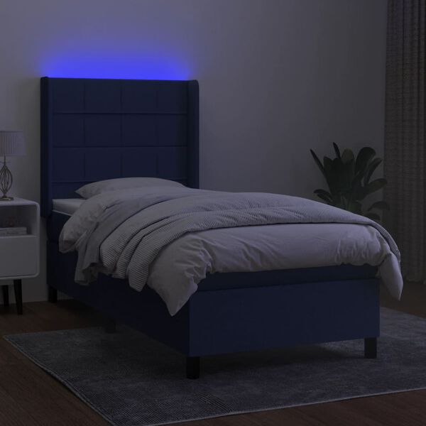 vidaXL Cama box spring c/ colch&atilde;o e LED 90x200 cm tecido azul