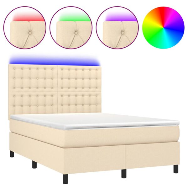 vidaXL Cama box spring c/ colch&atilde;o e LED 140x200 cm tecido cor creme