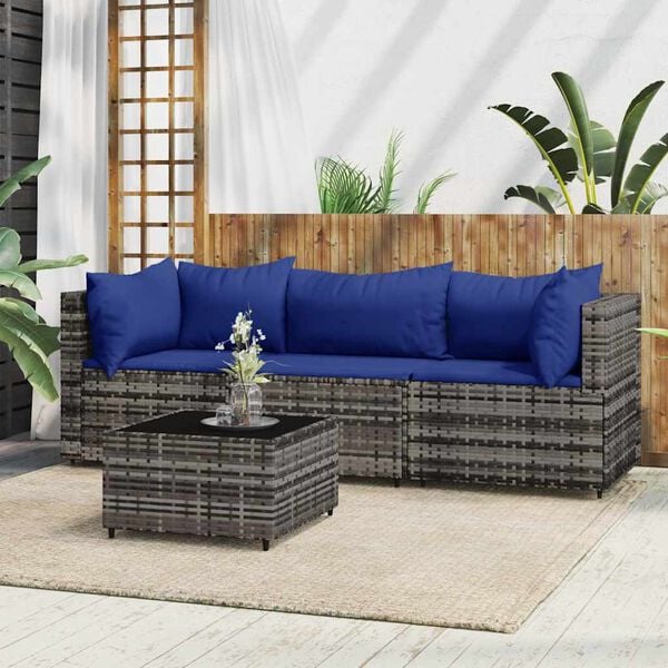 vidaXL 4 pcs conjunto lounge de jardim c/ almofad&otilde;es vime PE cinzento