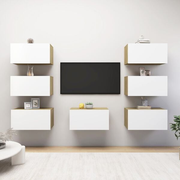 vidaXL M&oacute;veis de TV 7 pcs 30,5x30x60cm contrap. branco/carvalho sonoma