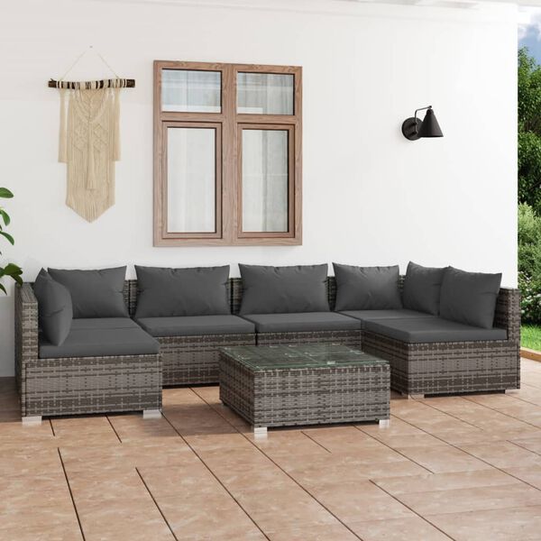 vidaXL 7 pcs conjunto lounge de jardim c/ almofad&otilde;es vime PE cinzento