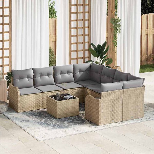 vidaXL Conjunto de Sof&aacute; de Jardim com almofada 9 pcs Bege vime PE