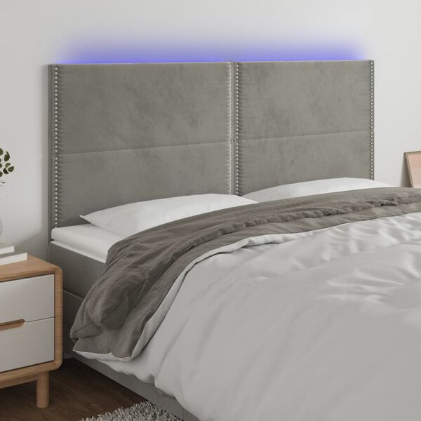 vidaXL Cabeceira cama c/ luzes LED veludo 180x5x118/128cm cinza-claro
