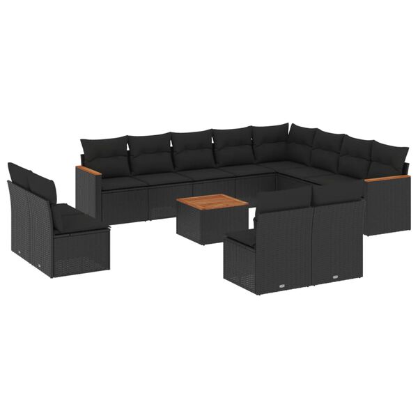 vidaXL 13 pcs conjunto de sof&aacute;s de jardim com almofad&otilde;es vime PE preto